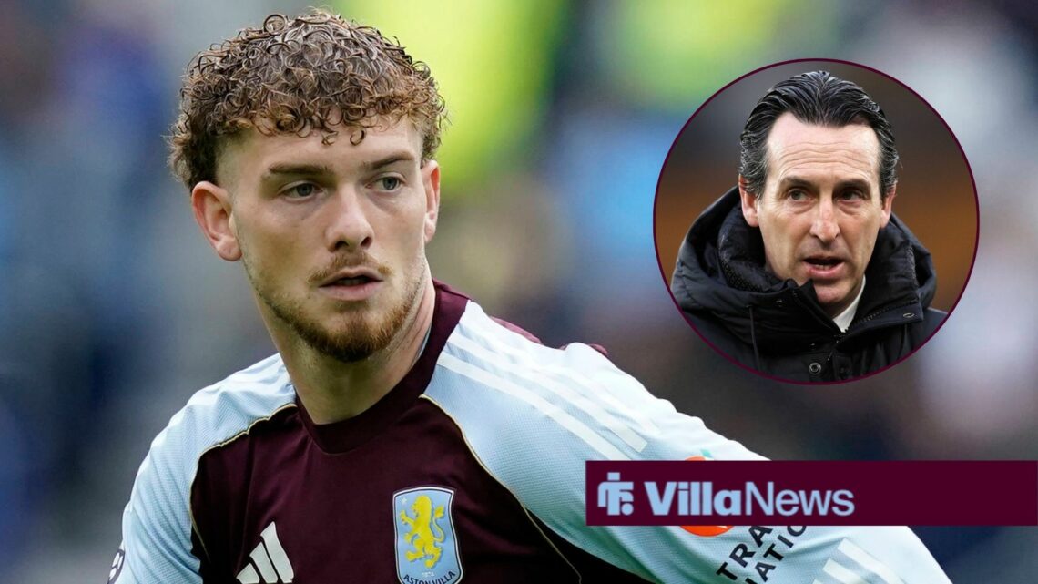 Harvey Elliott looking concentrated towards Unai Emery in a circle inset