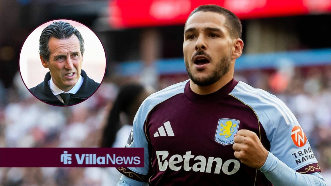 Emi Buendia celebrating looking towards Unai Emery in a circle inset