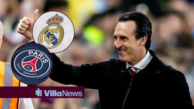 Aston Villa manager Unai Emery has this thumb up with PSG and Real Madrid badge inset