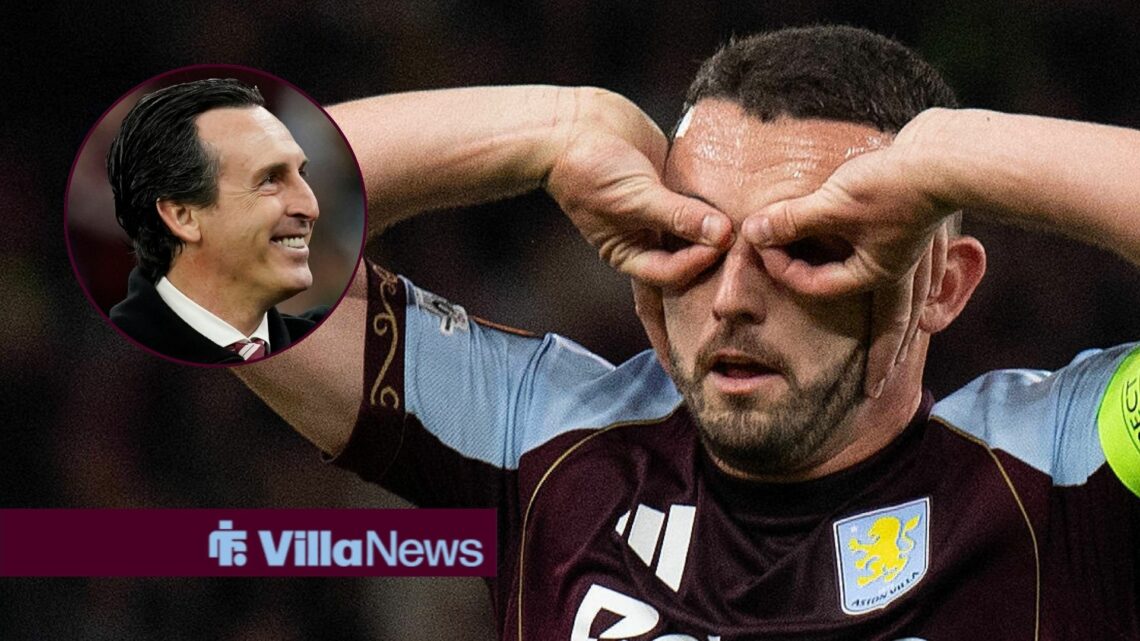 John McGinn doing his trademark celebration with Unai Emery looking towards him smiling in a circle inset