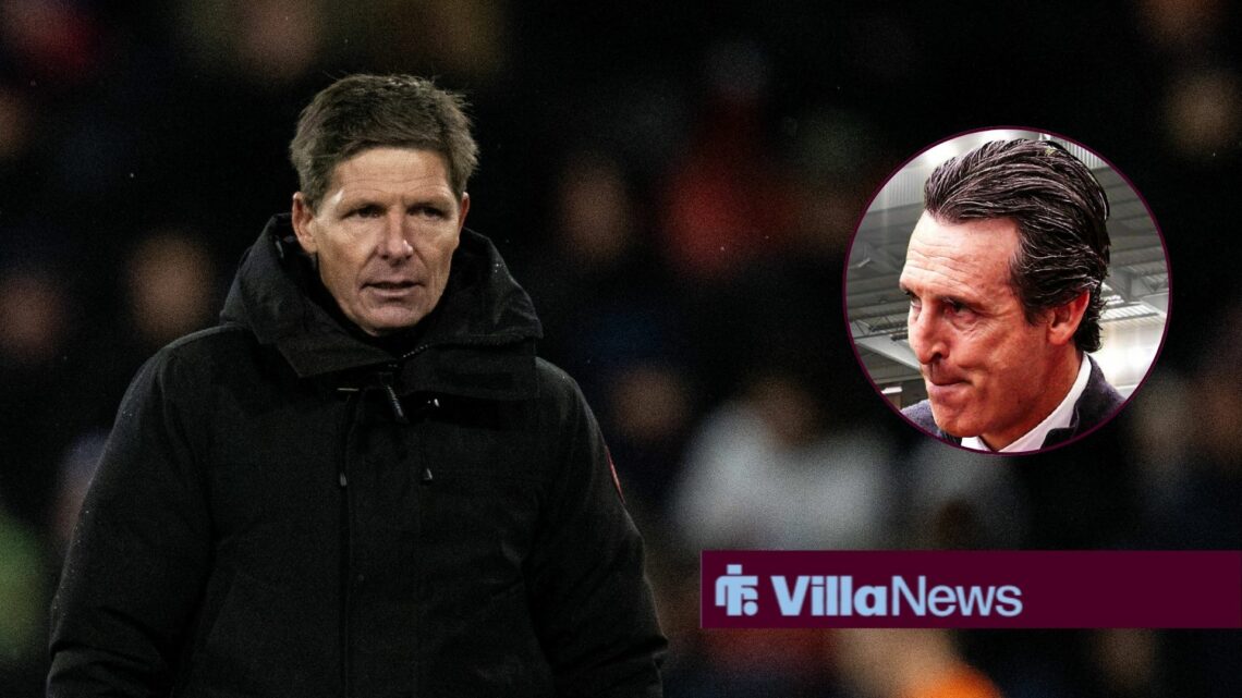 Crystal Palace manager Oliver Glasner with Aston Villa manager Unai Emery looking angry inset