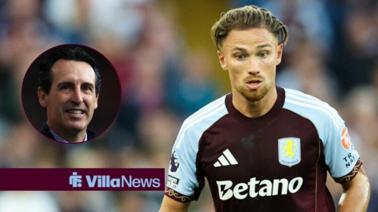 Aston Villa defender Matty Cash with Unai Emery smiles inset