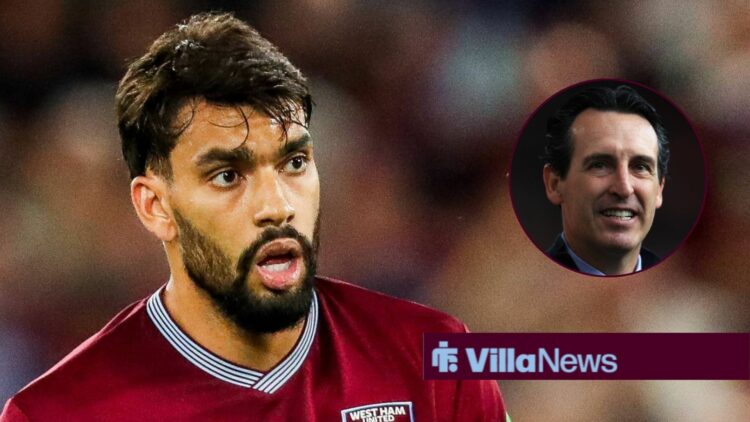 West Ham midfielder Lucas Paqueta with Aston Villa manager Unai Emery smiles inset