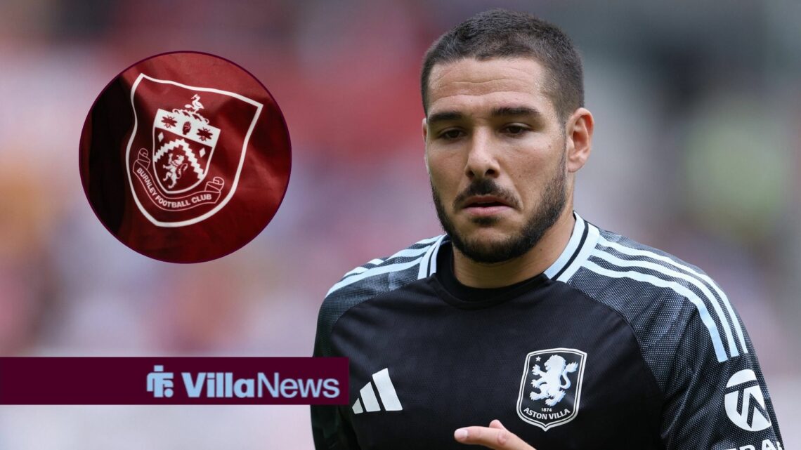 Aston Villa midfielder Emi Buendia and the Burnley badge in the circle