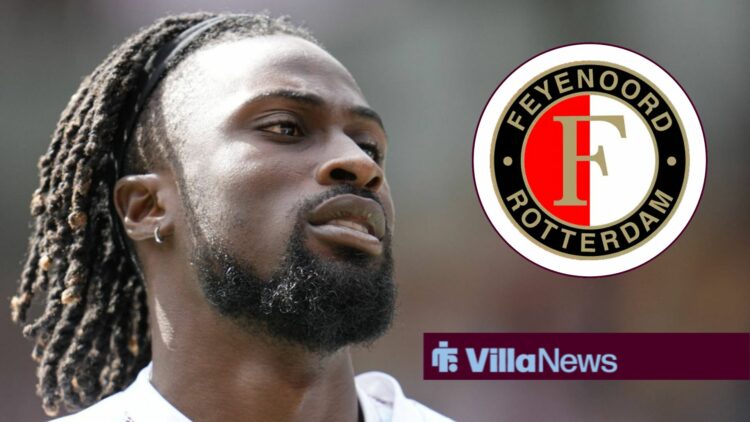 Evann Guessand looking annoyed towards a Feyenoord badge in a circle inset