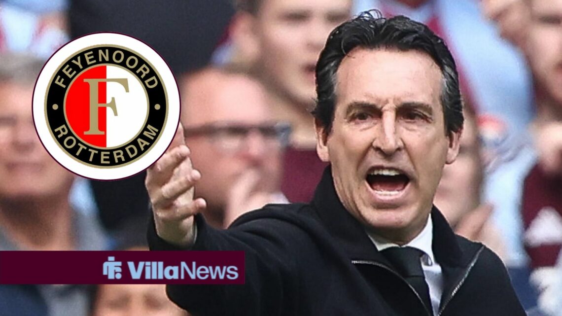 Unai Emery looking annoyed towards a Feyenoord badge in a circle inset