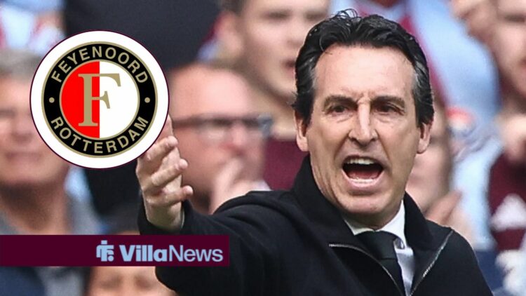Unai Emery looking annoyed towards a Feyenoord badge in a circle inset
