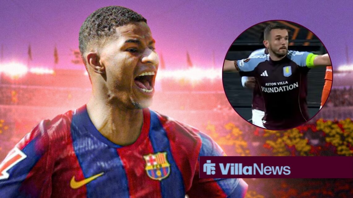 Marcus Rashford in a Barcelona shirt celebrating looking towards John McGinn celebrating for Aston Villa