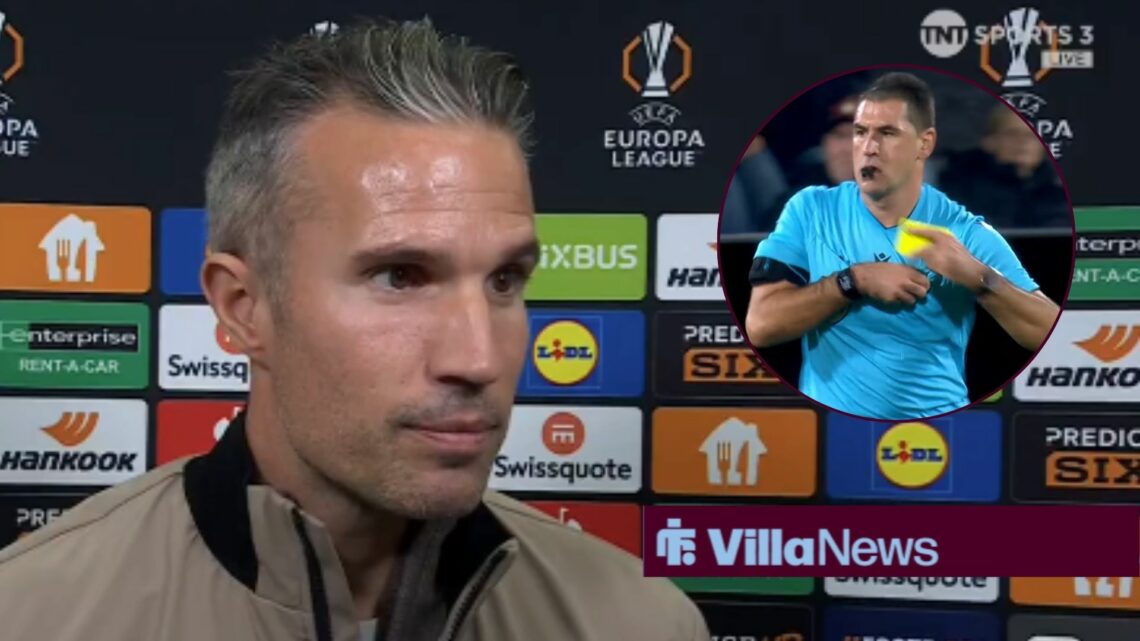 Robin van Persie looking frustrated in a press conference towards Rade Obrenovic in a circle inset