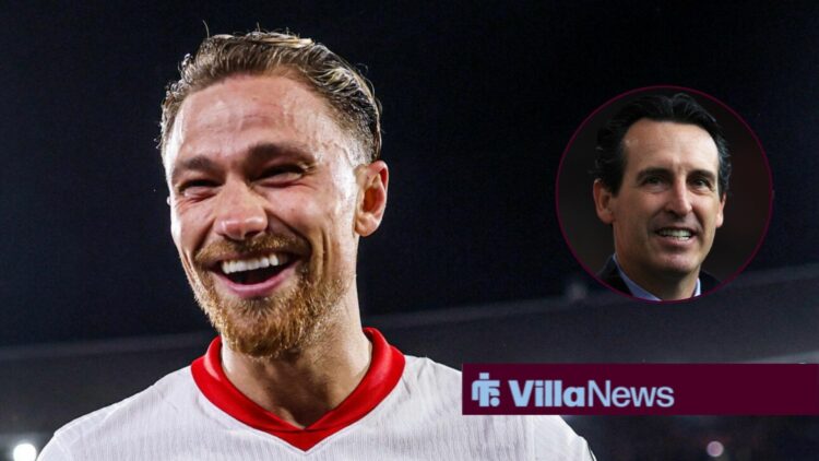 Aston Villa defender Matty Cash smiles with Unai Emery smiles inset