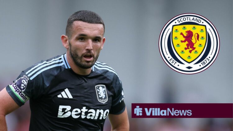 John McGinn alongside a circle inset of the Scotland badge..
