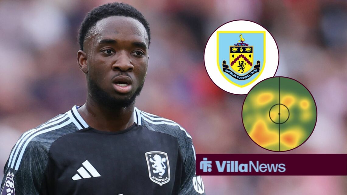 Lamare Bogarde looking towards circle insets of the Burnley badge and his heatmap