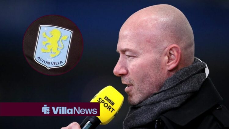Alan Shearer holding mic with Aston Villa badge in frame