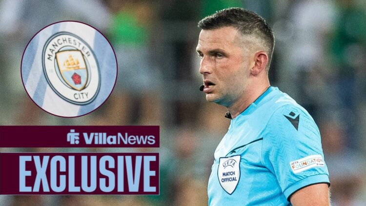 Michael Oliver looking towards a Manchester City badge in a circle inset
