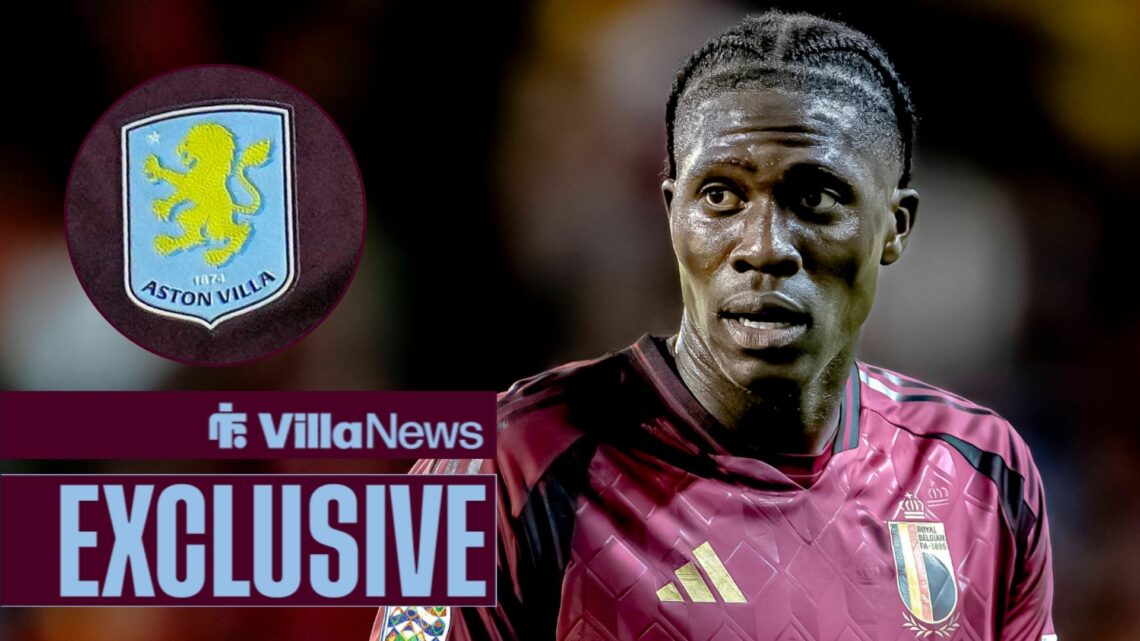 Amadou Onana playing for Belgium looking towards a circle inset of the Aston Villa badge