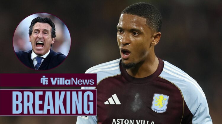 Aston Villa defender Ezri Konsa playing in the Europa League. To his left is a smaller picture of Unai Emery looking irate.