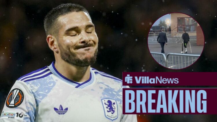 Emi Buendia looking annoyed towards a circle inset of Emi Buendia on crutches