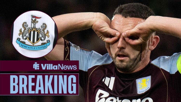 John McGinn doing his trademark celebration looking towards the Newcastle United badge in a circle inset