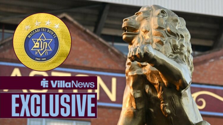 An Aston Villa lion at Villa Park looking towards a circle inset of the Maccabi Tel Aviv badge in a circle inset