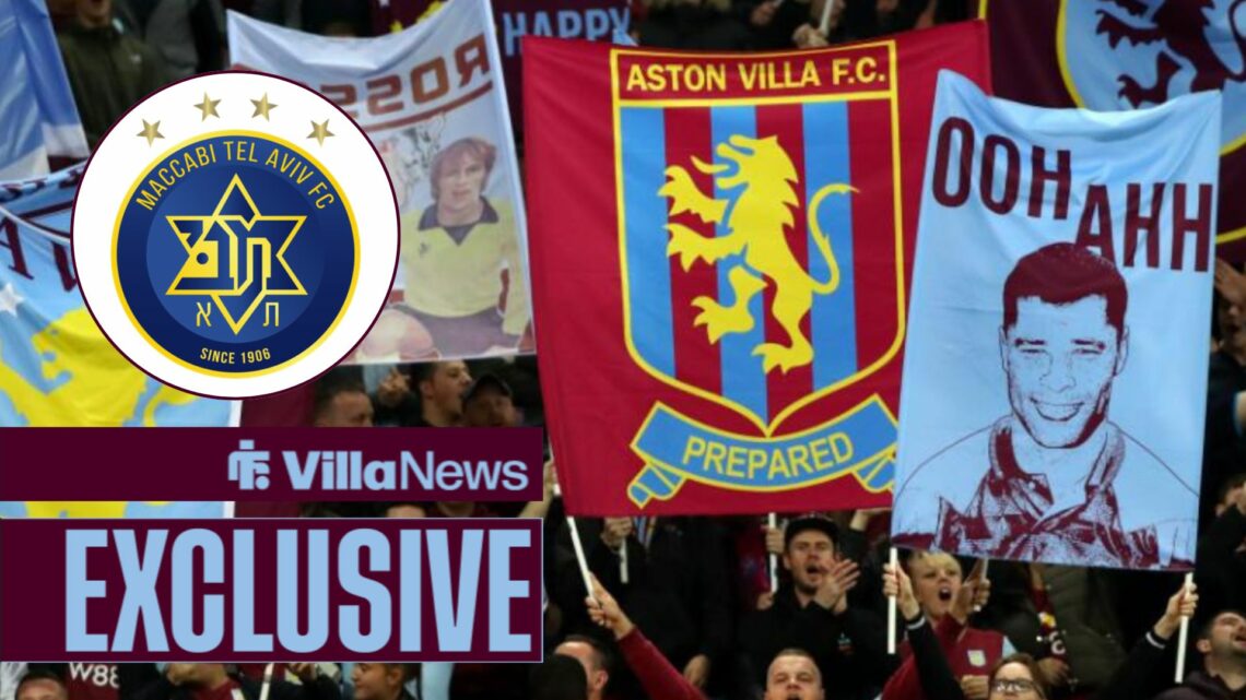 Aston Villa holding up flags at Villa Park alongside a circle inset of the Maccabi Tel Aviv badge