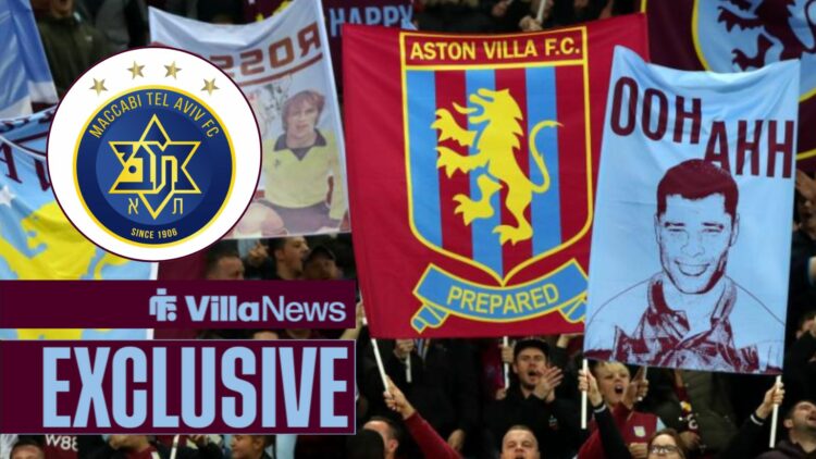 Aston Villa holding up flags at Villa Park alongside a circle inset of the Maccabi Tel Aviv badge