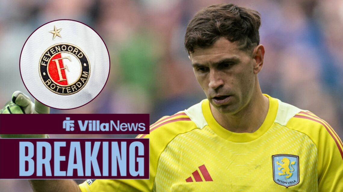 Emi Martinez looking down alongside a circle inset of the Feyenoord badge