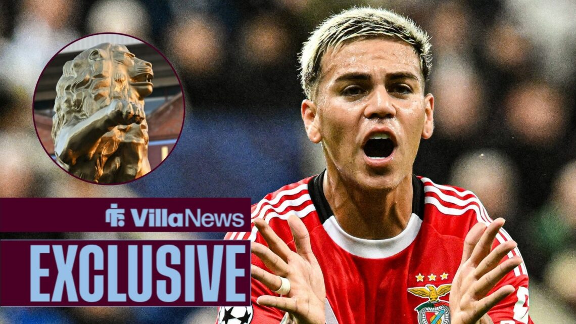 Enzo Barrenechea playing for Benfica alongside a circle inset of a lion statue at Villa Park