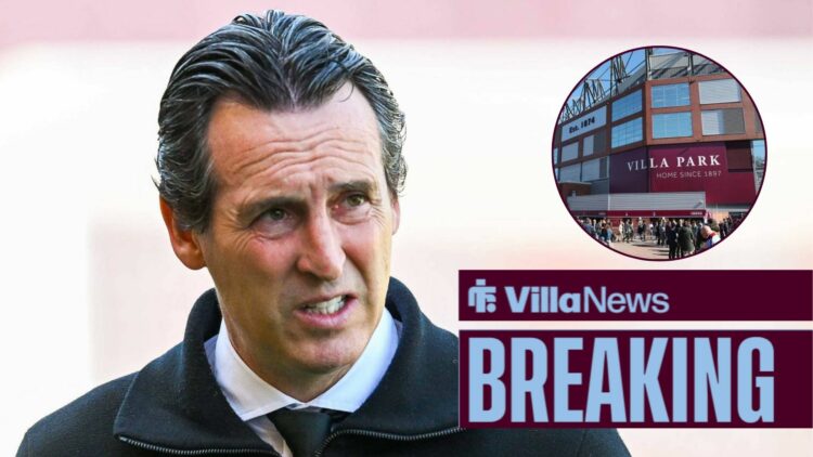Unai Emery alongside a circle inset of Villa Park.