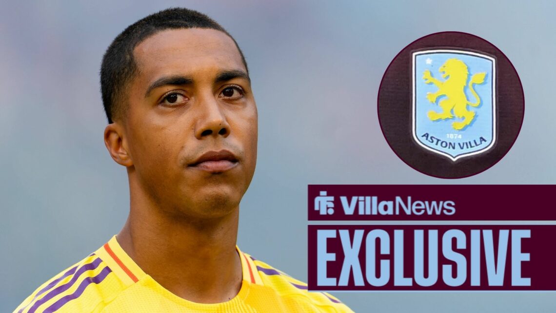 Youri Tielemans looking away from an Aston Villa badge in a circle inset