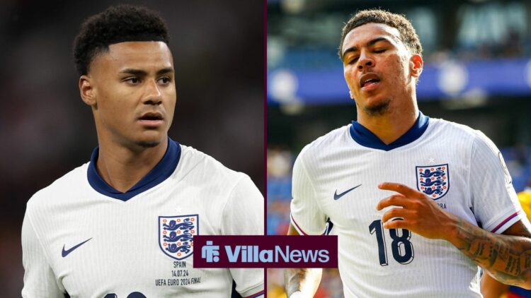 Ollie Watkins on left looking over to Morgan Rogers on right both in England kits