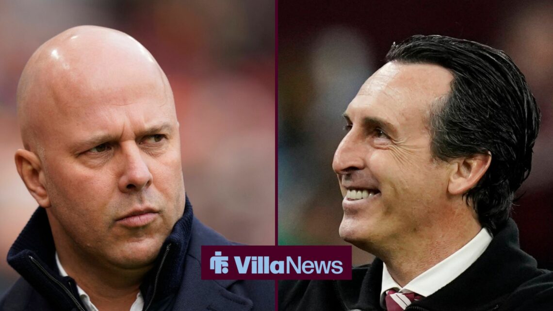 Aston Villa manager Unai Emery smiles with Liverpool manager Arne Slot