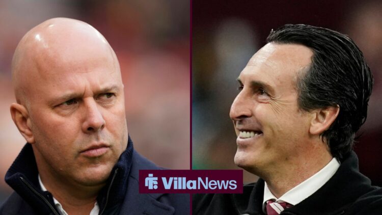 Aston Villa manager Unai Emery smiles with Liverpool manager Arne Slot