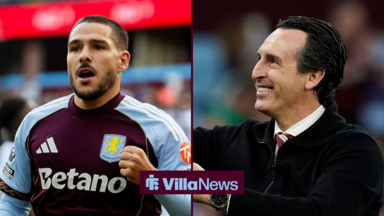 Aston Villa midfielder Emi Buendia with manager Unai Emery smiling