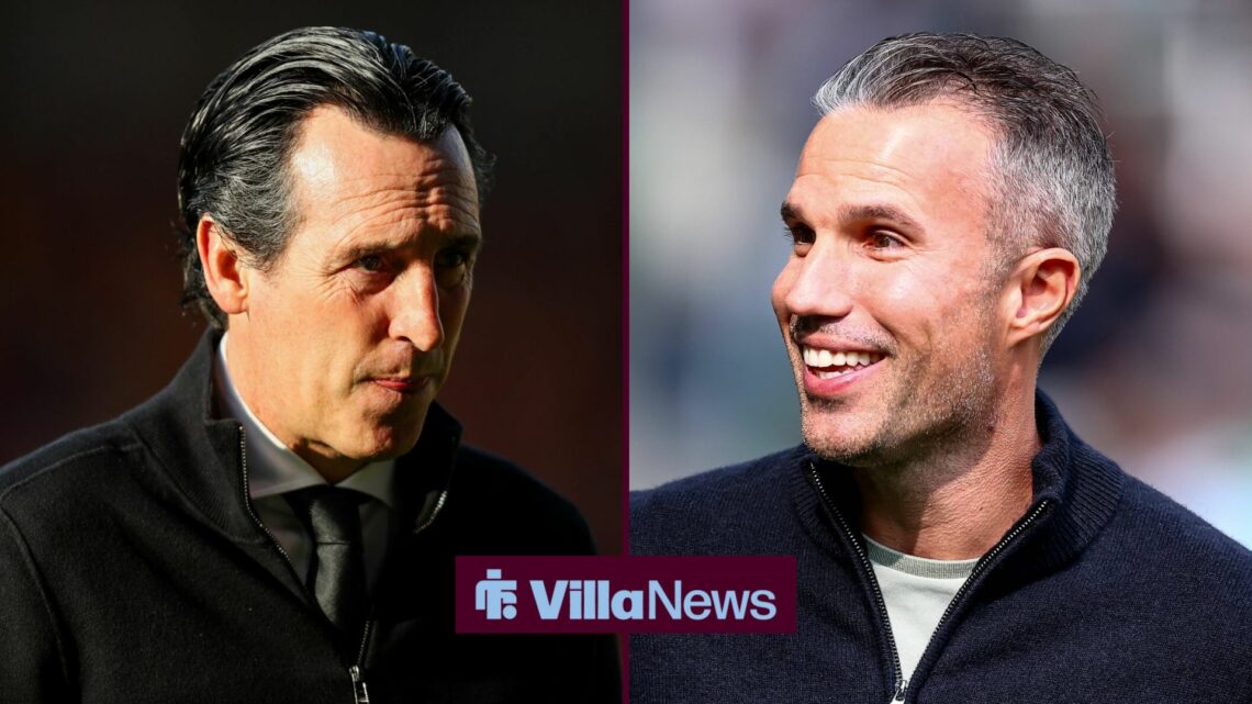 Aston Villa boss Unai Emery next to a happy Feyenoord boss Robin van Persie