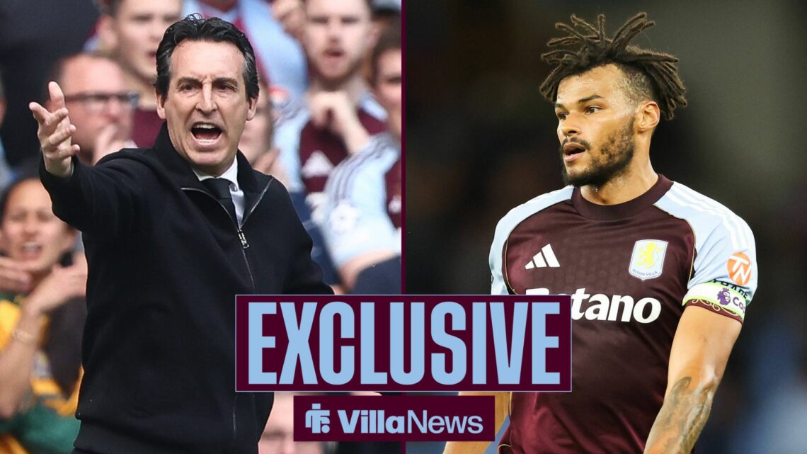 Aston Villa manager Unai Emery alongside Tyrone Mings