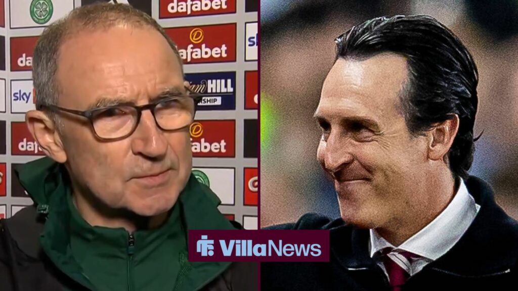 Celtic interim manager Martin O'Neill with Aston Villa manager Unai Emery smiles