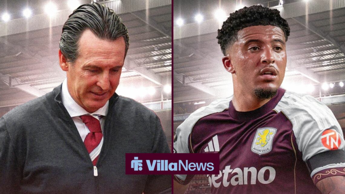 Aston Villa manager Unai Emery looks disappointed with winger Jadon Sancho