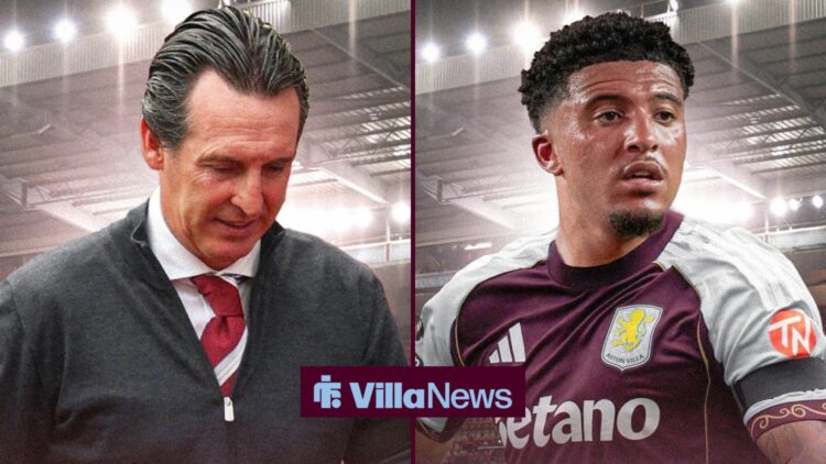 Aston Villa manager Unai Emery looks disappointed with winger Jadon Sancho