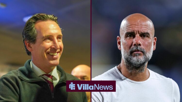 Unai Emery smiling at Pep Guardiola looking sternly in circular inset