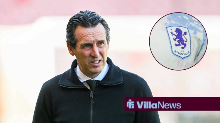 Unai Emery and Aston Villa badge in circular inset
