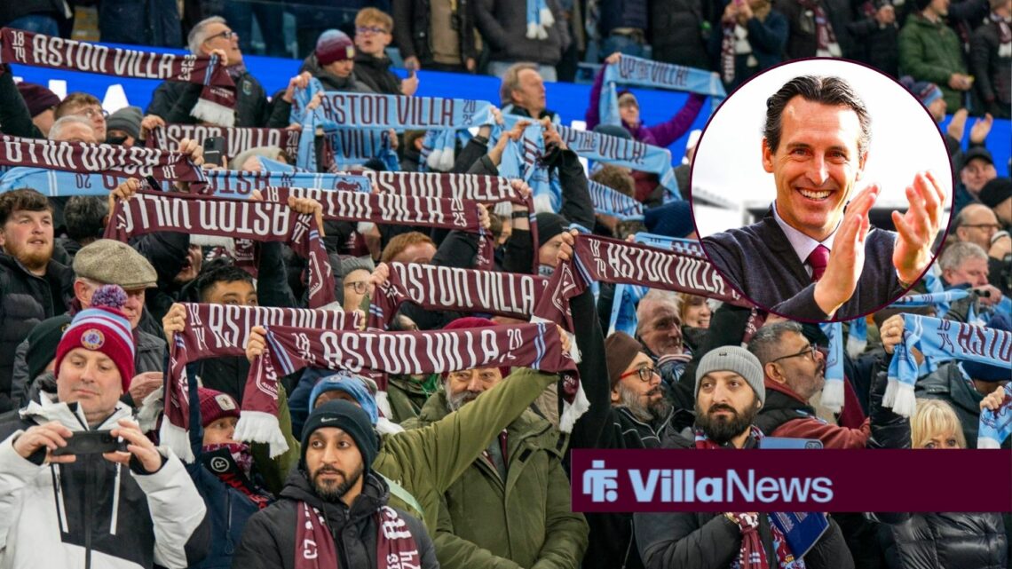 Aston Villa fans hold scarves aloft in the stands, as manager Unai Emery smiles and applauds in a circular inset.