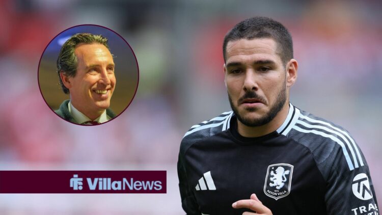 Emi Buendia in action for Aston Villa and Unai Emery similing in circular inset