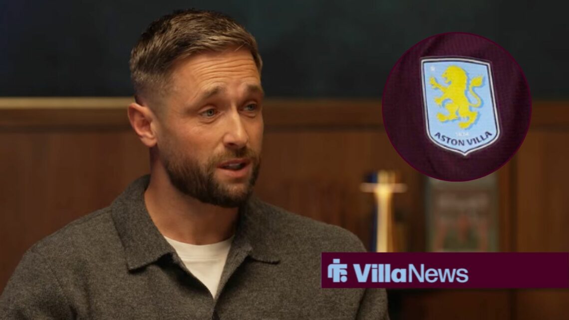 England cricketer Chris Woakes, Aston Villa badge in inset.