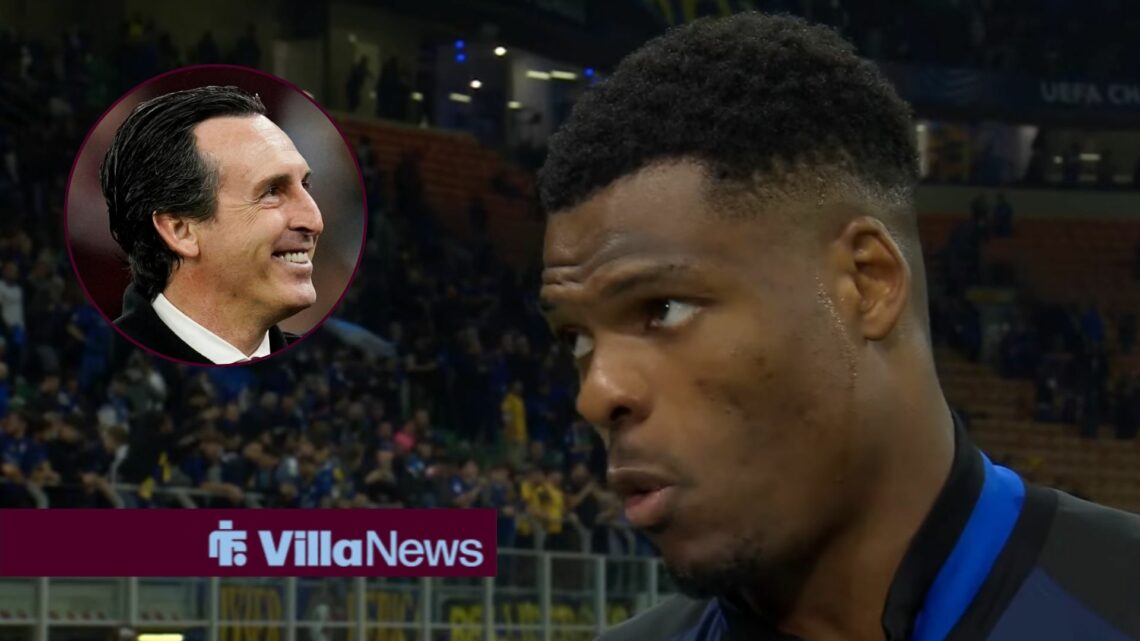 Denzel Dumfries, Aston Villa boss Unai Emery looking happy.