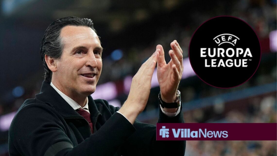 Unai Emery clapping at Europa League badge in circular inset