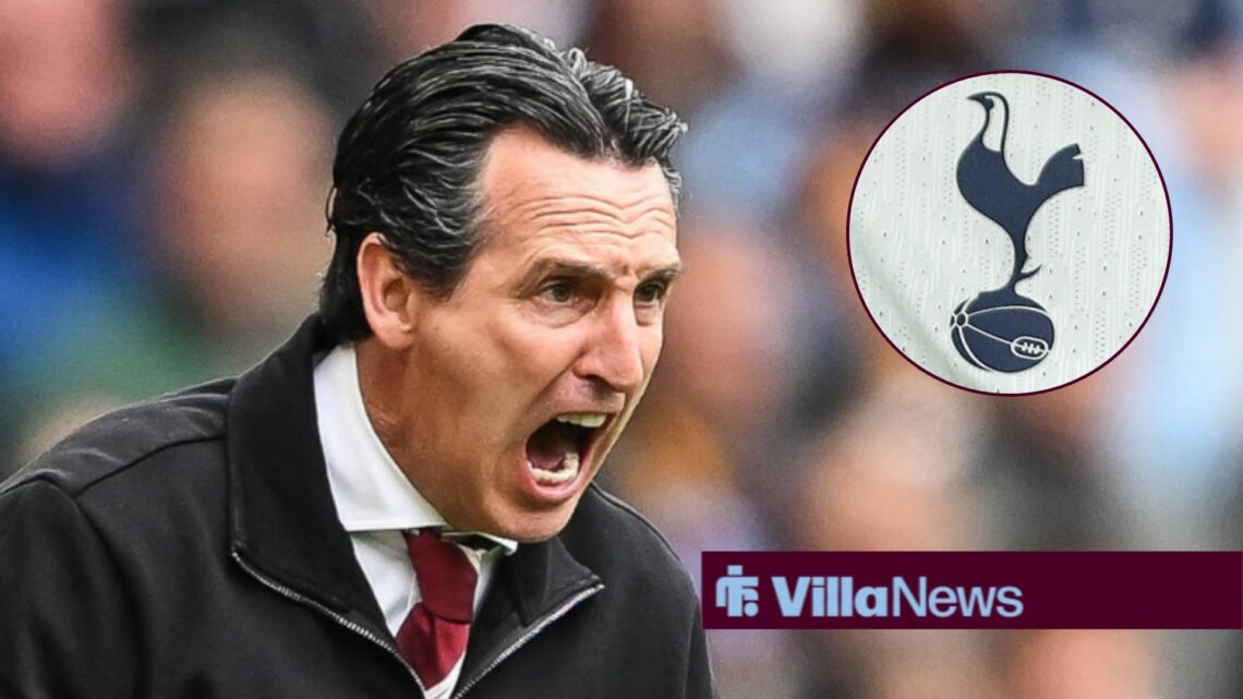 Unai Emery screaming looking towards a Tottenham badge in a circle inset