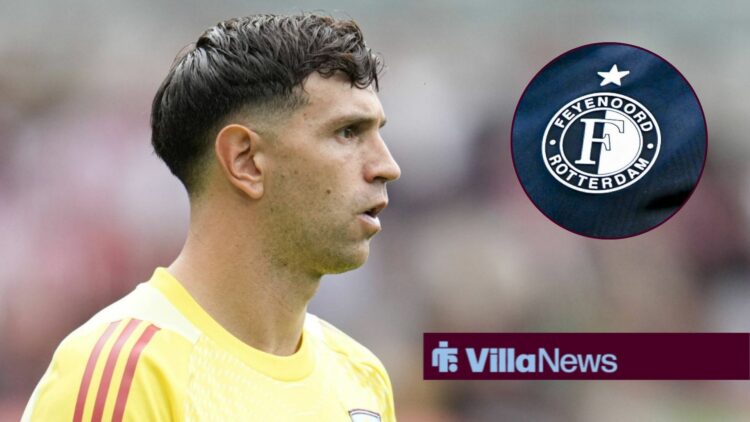 Aston Villa goalkeeper Emi Martinez and the Aston Villa badge in the circle
