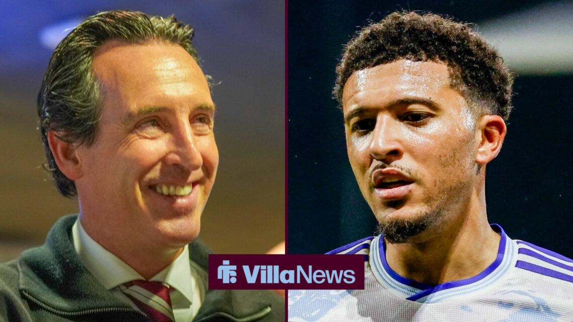 Unai Emery smiling at Jadon Sancho in split image