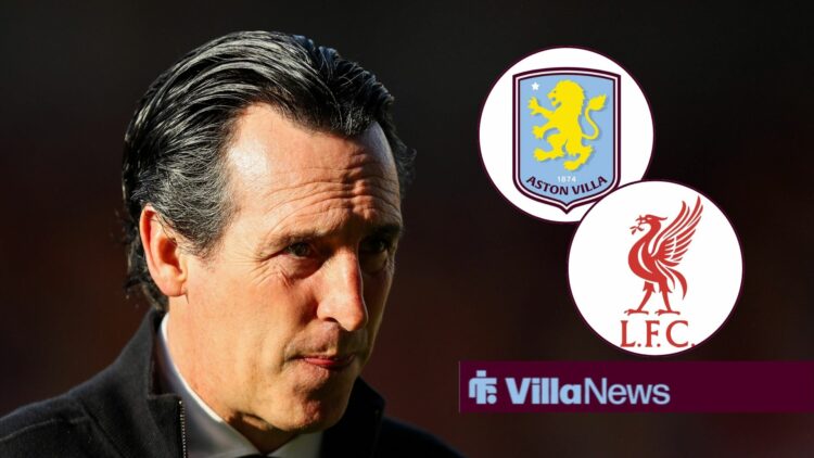 Unai Emery sternly looking at Aston Villa and Liverpool badges in circular insets