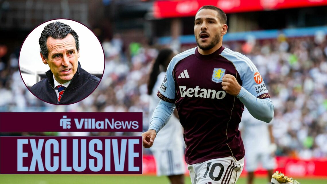 Villa News exclusive as Aston Villa star Emi Buendia clenches his fist after scoring a goal, as manager Unai Emery watches on from a circular inset.